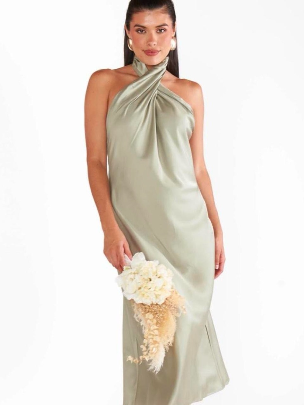 Show me Your Mumu Satin Twist Halter Midi Dress in Sage